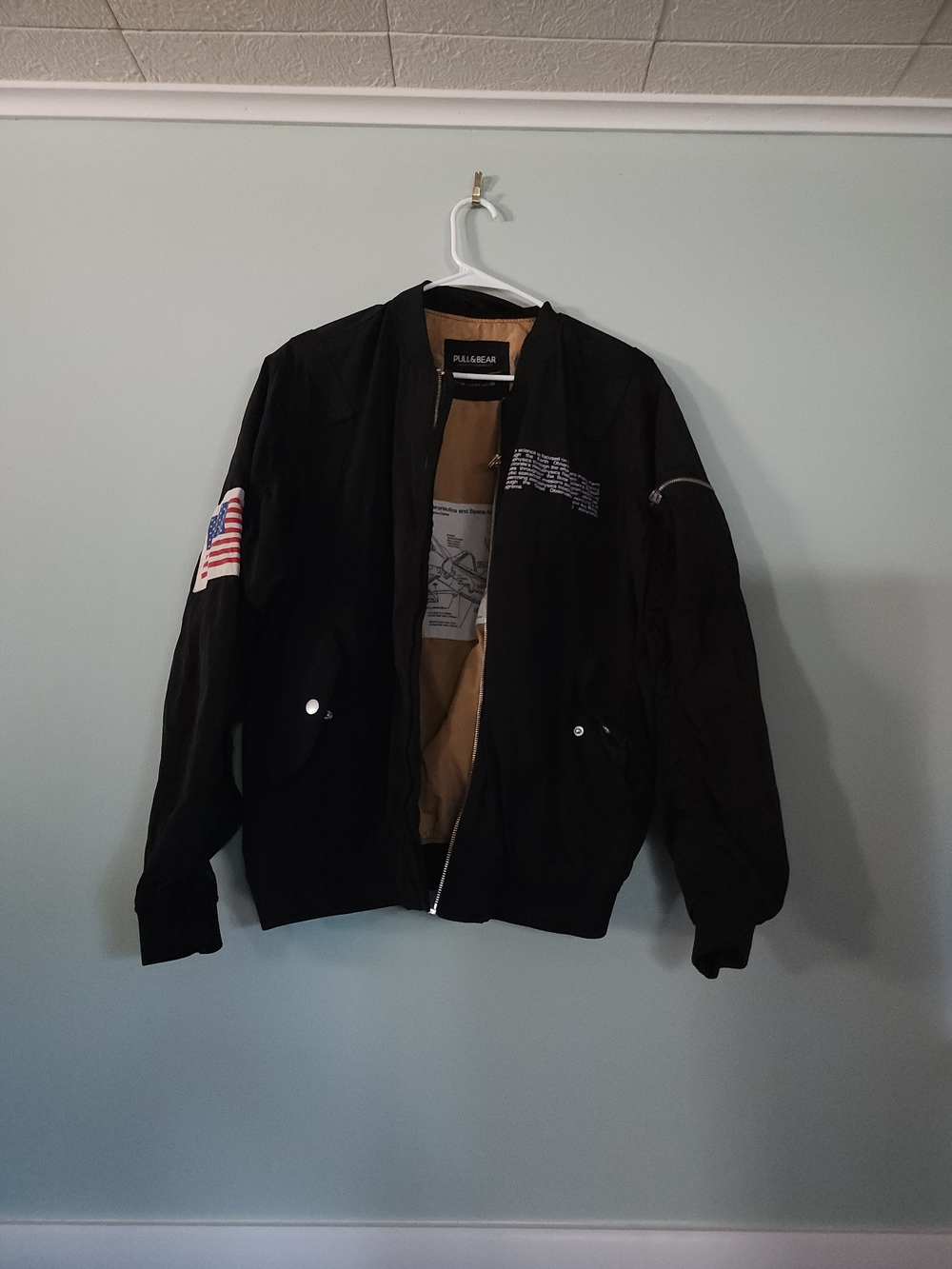 Pull&Bear Black Bomber Jacket with American Flag Patch and Tan Lining